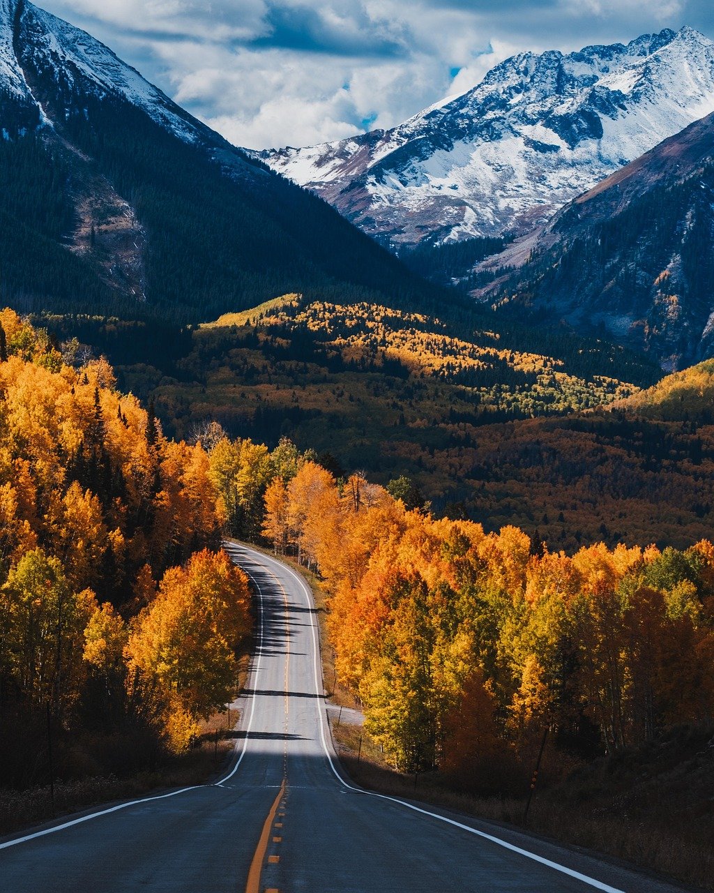 autumn, nature, fall, road, alps, landscape, mountain, forest, woods, trees